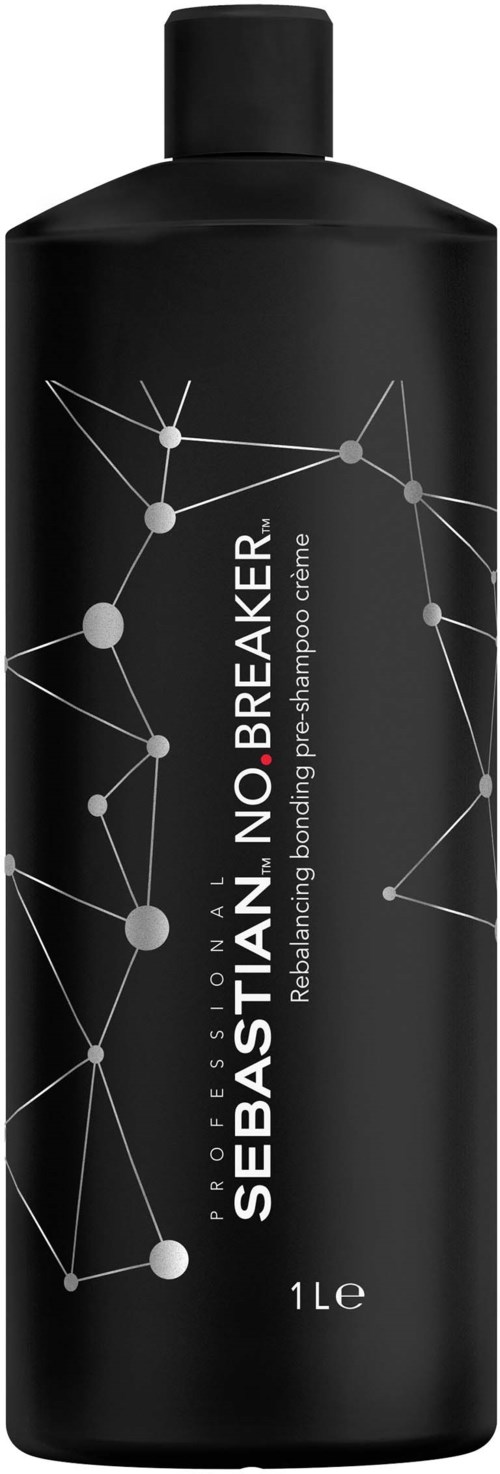 Een zwarte fles met witte stippen en lijnen, gelabeld 'Sebastian No.1 No Breaker' shampoo, 1 liter.