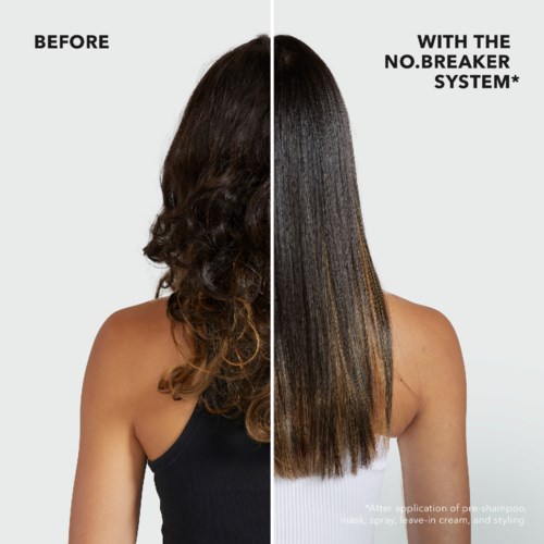 Het haar van een vrouw voor en na het gebruik van een no-breaker haar systeem, dat verandering toont van krullig en pluisig naar steil en glanzend.