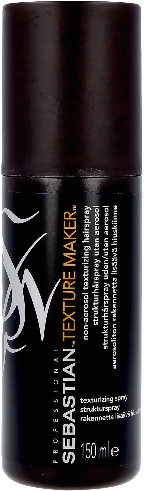 Een zwart spuitflesje met label 'Sebastian Texturize makes' voor het maken van een textuurrijke haardlook, 150 ml.