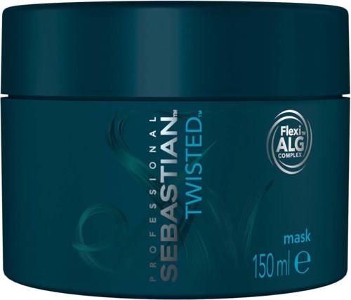 En mörkblå behållare med en etikett för professionell hårstylingprodukt, med orden 'T-Wisted' och 'mask 150 ml'.