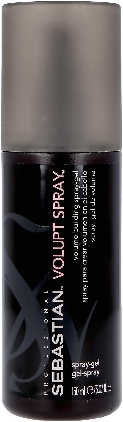 Eine schwarze Sprühgel-Flasche mit den Worten 'Sebastian Volupt Spray' und silberner Kappe, 150 ml.