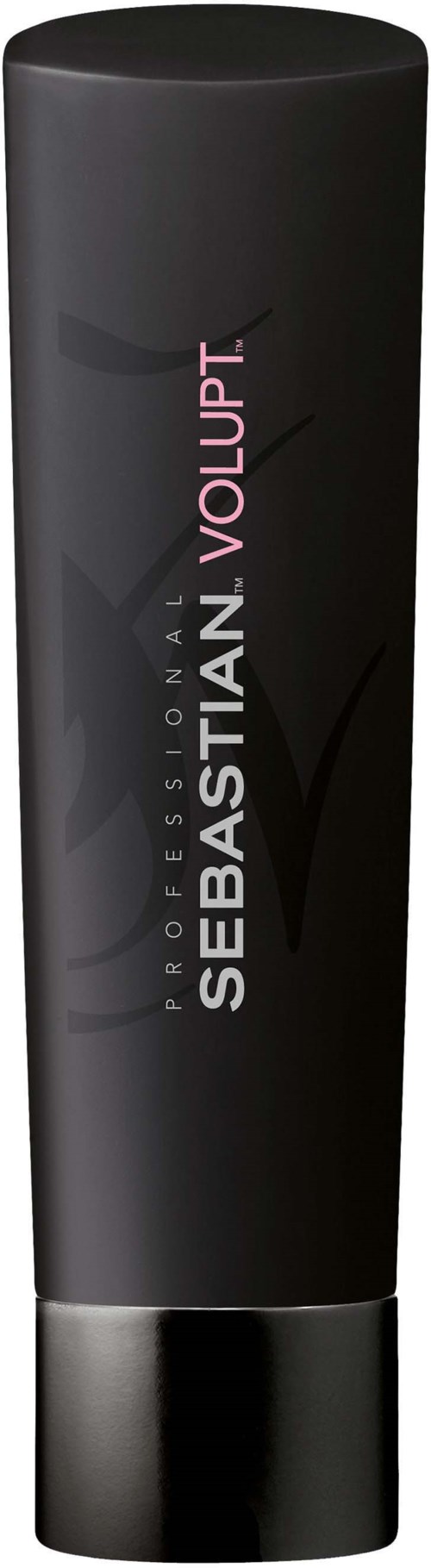 En svart tub med rosa och vit text, märkt 'Sebastian Professional Volupt', står upprätt.