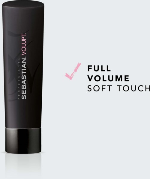 En svart tub med rosa och vit text som marknadsför Sebastian Volupt hårprodukt för volym och mjuk beröring.