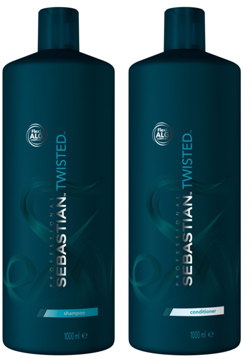 Två mörkblå hårvårdsflaskor, en för schampo och en för balsam, märkta Sebastian Twisted, 300 ml vardera.