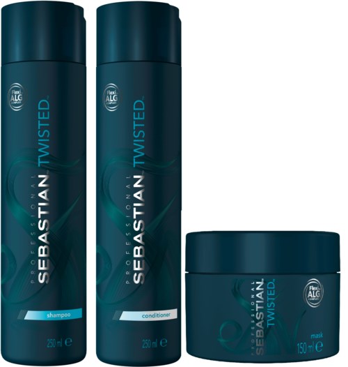 Två flaskor Sebastian Twisted schampo och balsam med en mask, alla i mörkblå behållare.