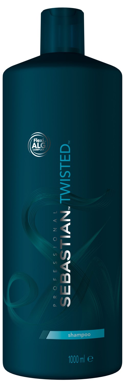 En mörkblå schampoflaska med ljusblå text och design, märkt Sebastian Professional Twisted.