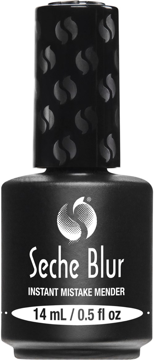 Een zwarte fles met Seche Blur snelmakende oplossing met een gemusterde dop en witte tekst op het label.