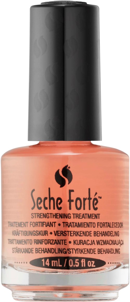Perzikkleurige nagelverzorgingsfles met zwarte dop, gelabeld 'Seche Forté,' voor het versterken van nagels.