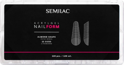 Black packaging with white and pink text, shows nail forms for almond-shaped acrylic nails, 12 sizes inside.