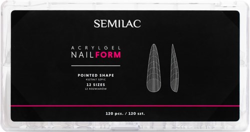 Black box with white and pink text. It shows nail forms, pointed shape, 12 sizes, 120 pieces.