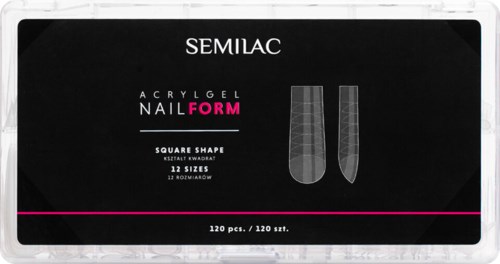 A box shows SEMILAC brand nail form with two plastic shaping tools, size options, and 120 pieces in the set.