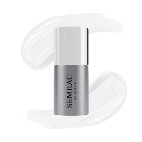 Eine graue Flasche mit "SEMIAC UV HYBRID" darauf, weiße und graue Pinselstriche im Hintergrund.