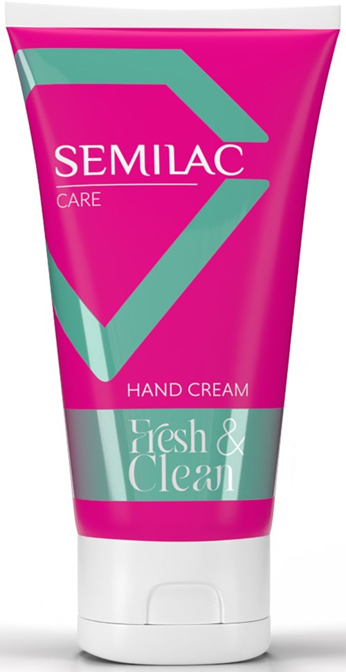 Pink tube labeled 'Semilac Care Hand Cream' with green and white design elements.