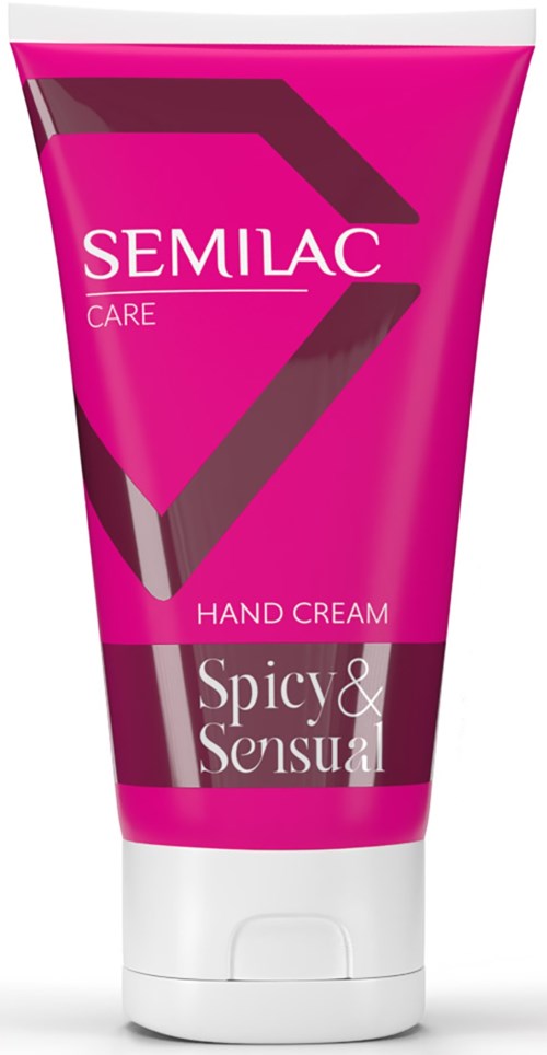 Een roze tube handcrème met 'Semilac Care Spicy & Sensual' en witte dop.
