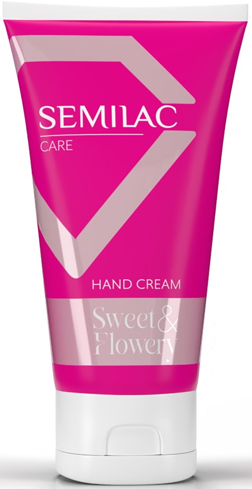 Pinke Tube von Semilac Handcreme mit süßem und blumigem Duftetikett.