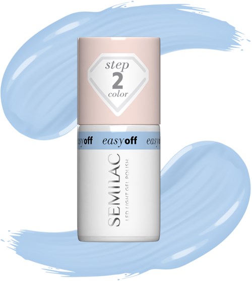 Nail polish bottle labeled 'step 2 color' on a light blue background with brush strokes.
