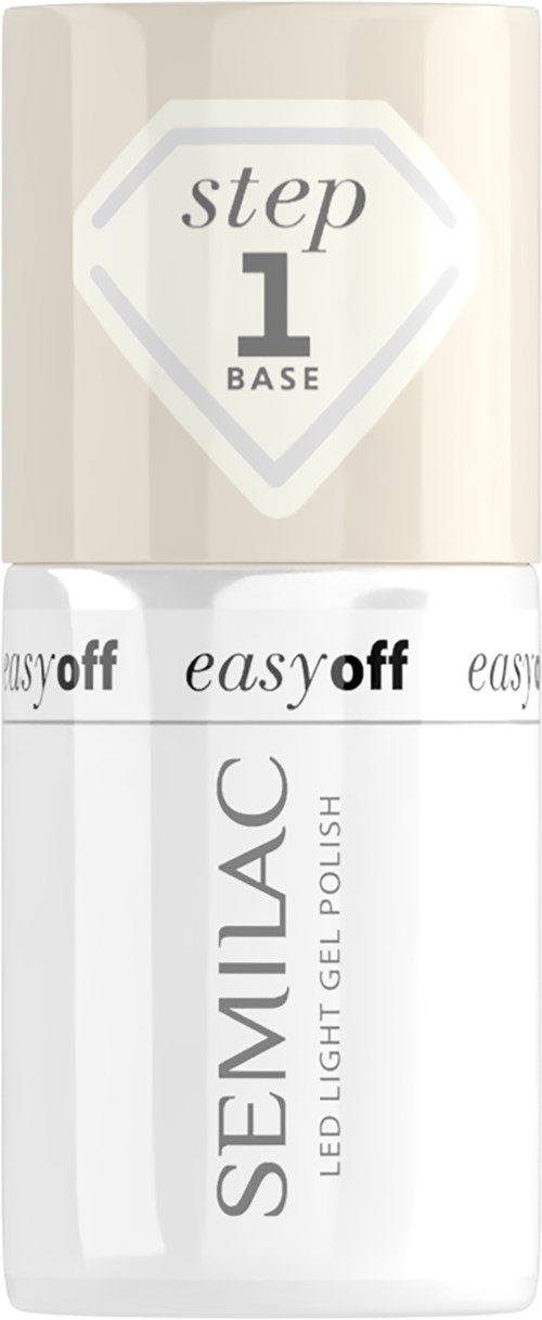 Kynsilakkapullo, jossa lukee 'SEMIAC LED LIGHT GEL POLISH' ja vaihe '1 BASE'.