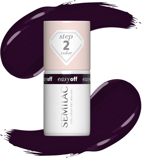 A white bottle with black band and pink top, labeled "semlac for light lips," surrounded by dark purple polish swipes.