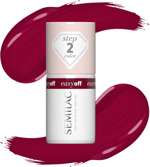 Nail polish bottle labeled 'step 2 color' with deep red swatches and background strokes.