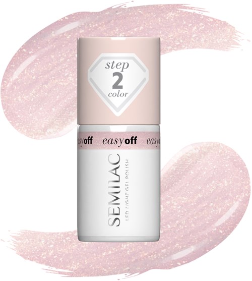 Nail polish bottle with pink color, labeled "step 2 color" and "easy off" for removal.