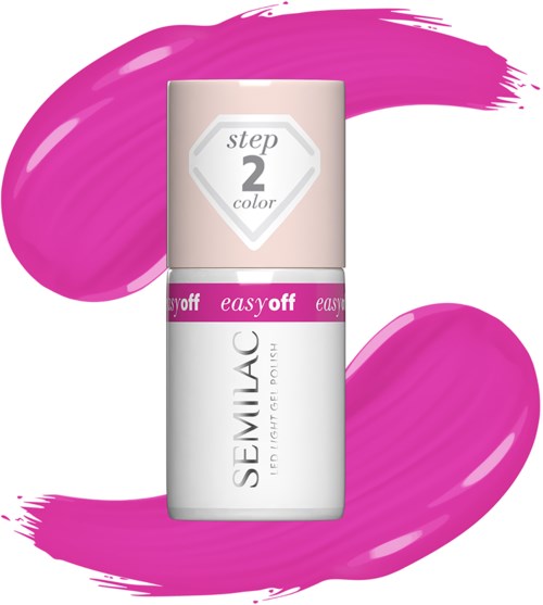 Nail polish bottle with pink color and label indicating step 2, easy off, from Semilac.
