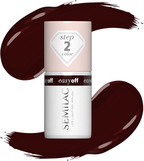 A bottle of dark red nail polish with swirls of the same color behind it.