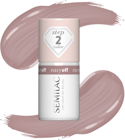 A nail polish bottle with a light pink shade and step 2 color label, surrounded by brush strokes of the same color.