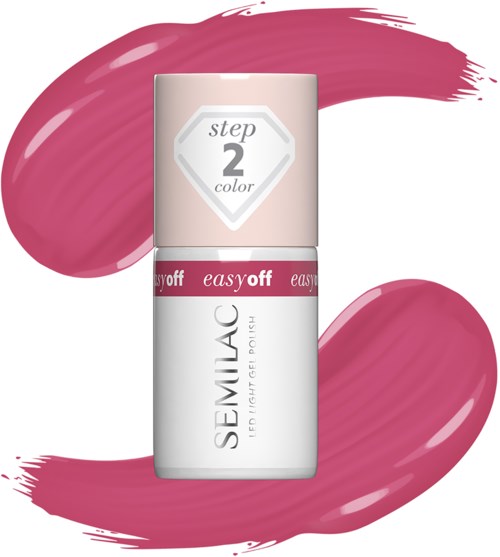 Eine weiße Nagellackflasche mit Beschriftung 'step 2 color' und pinke Pinselstriche im Hintergrund.