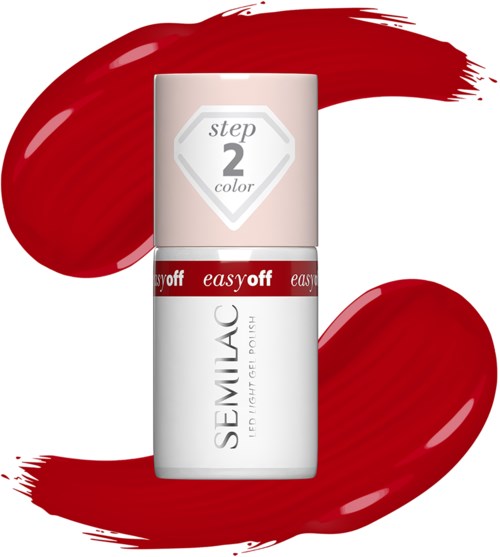 A white nail polish bottle with a red background and the words "step 2 color" on it.