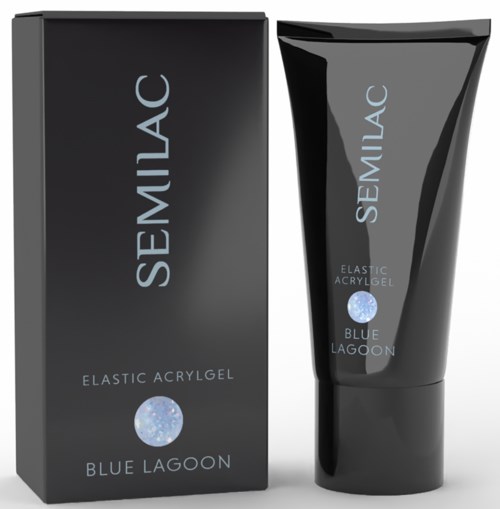 Schwarze Box und Tube mit grauem und blauem Text für Semilac elastisches Acrylgel in Blue Lagoon Duft.