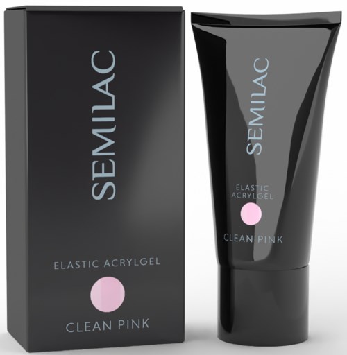 A black box and tube for Semilac elastic acrylic gel, labeled 'Clean Pink'.