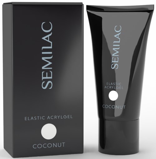 A black box and a black tube labeled 'SEMLAC' and 'Coconut' for cosmetic gel.