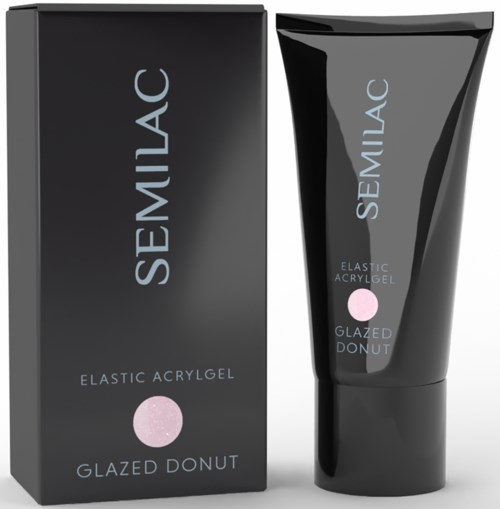 The image shows a black box and tube labeled Semilac Elastic Acryl Gel in the shade Glazed Donut.