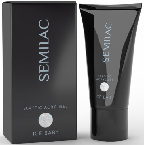 A black box and tube of Semilac Elastic Acrylic Gel Ice Baby, a nail product, with simple gray and white text.