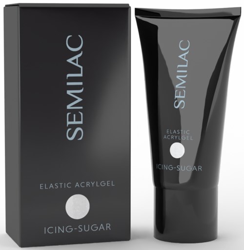 Grey tube and box labeled Semilac Elastic Acryl Gel Icing Sugar, used for nail art.