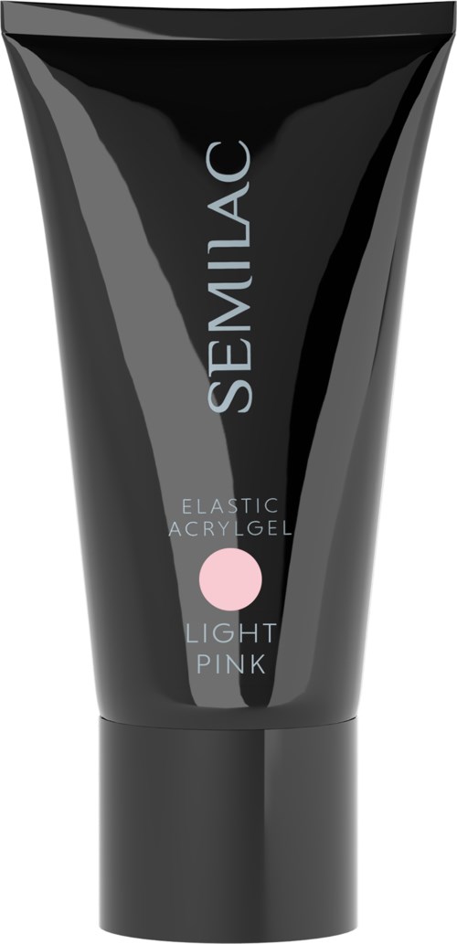 Black tube of Semilac gel with pink label, indicating it's an elastic acrylic gel in light pink.