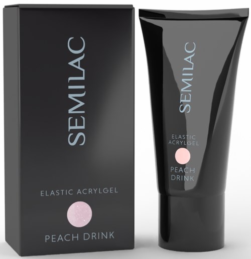 A black box and tube with gray text, called Semilac, Peach Drink, Elastic Acrylgel, for nails.