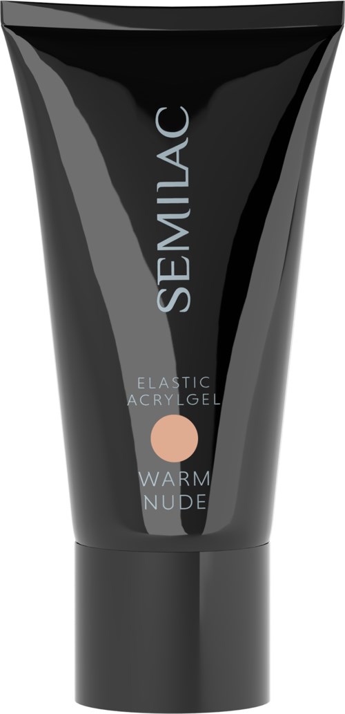A black tube of Semilac elastic acrylic gel with a peach-colored circle and the words 'Warm Nude' on it.