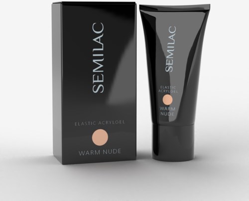 A black box and tube of Semilac elastic acrylic gel, warm nude color, on a gray background.
