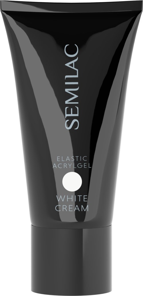 A black tube labeled SEMILAC with white text, indicating it is an elastic acrylic gel for white cream.