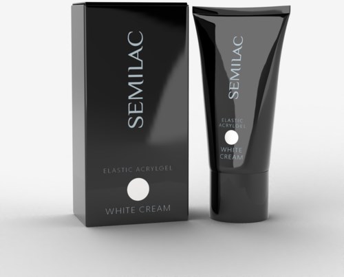 A black box and tube of SEMILAC White Cream elastic acrylic gel for nails.