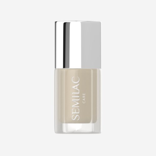 Eine beige Nagellackflasche mit silberner Kappe und dem Markennamen SEMILAC CARE.