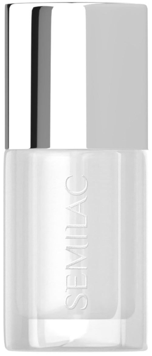 A clear nail polish bottle with a silver cap and the word "SENILAC" on it.