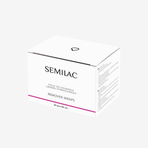 En låda märkt 'SEMLAC' innehåller borttagningsomslag för nagelavlägsning. Den har text och en rosa linje.