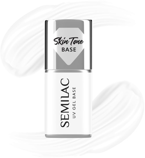 Eine weiße Flasche mit silberner Kappe, beschriftet 'SEMLAC UV Gel Base' und 'Skin Tone Base' in schwarzer Schrift.
