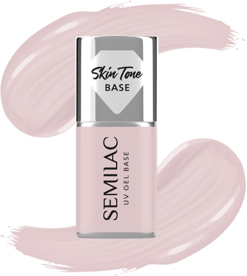 Kleine rosa Flasche mit 'Semilac UV Gel Base' und silbernem Deckel, umgeben von hellrosa Pinselstrichen.