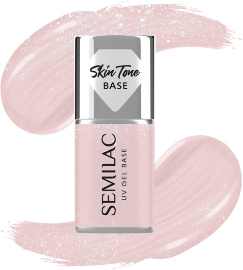 Kleine Flasche mit semi-matt UV-Gel-Base mit pinkem Glitzer, beschriftet 'Semilac,' mit silberner Kappe. Dekorative pinke Streifen im Hintergrund.