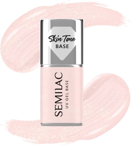 Eine Flasche SEMILAC UV-Gel-Base mit silberner Kappe und rosa Flüssigkeit im Inneren, beschriftet 'Skin Tone Base' und 'UV Gel Base.'