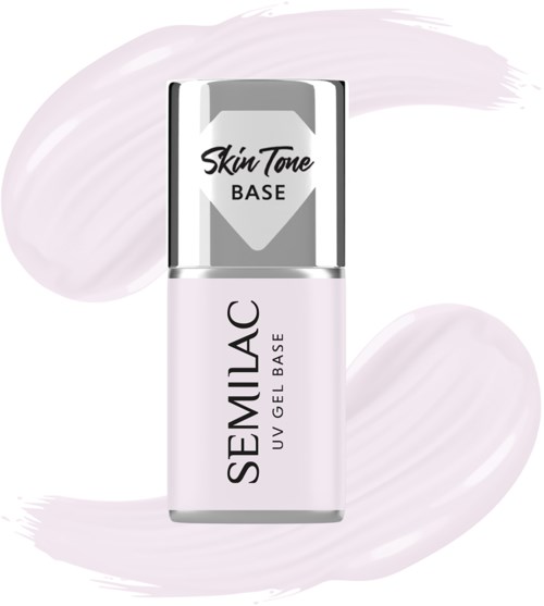 A bottle of Semi-Lac UV gel base with a silver and white design, placed on a light background.