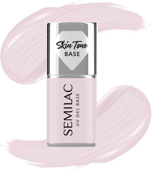A small bottle of Semilac UV gel base with a silver cap, light pink color, and simple label design.